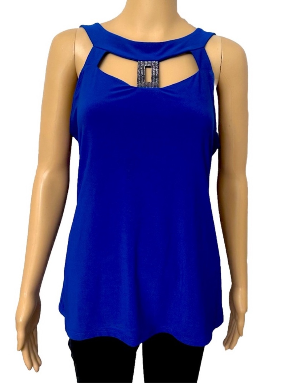 Sleeveless Royal Blue Keyhole Neck Womens Blouse